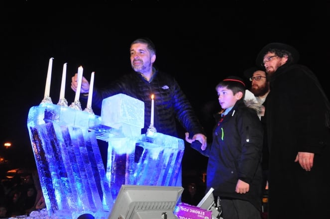 0809 Lighting the Iced Menorah for Chanucah, Jewish Festival of lights.JPG